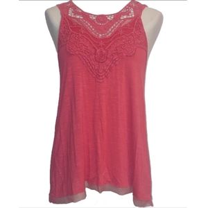 Lace Yoke Sleeveless Tank Top - Coral Pink